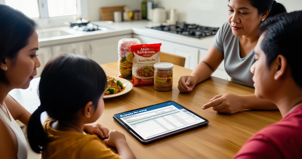 Pamilyang Pilipino na nagsusuri ng kita ng kanilang negosyo sa bahay gamit ang tablet