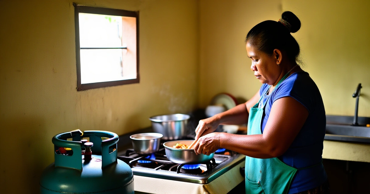 Inang Pilipino nagluluto gamit ang LPG sa simpleng kusina