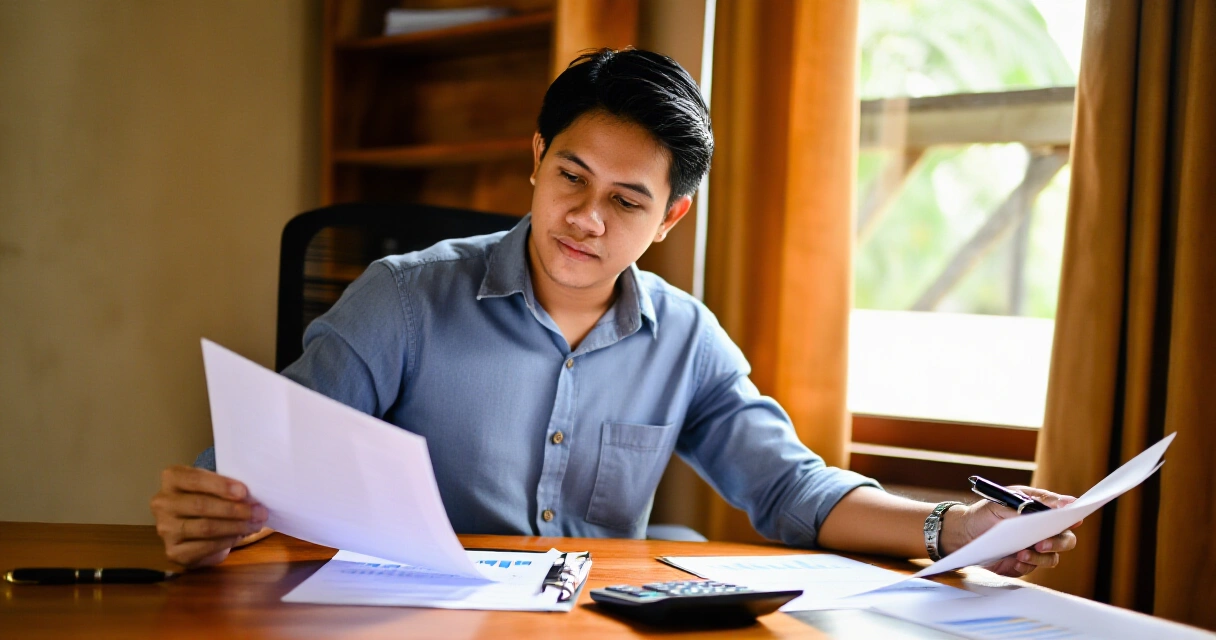 Pilipinong negosyante nagre-review ng mga dokumento ng negosyo sa opisina