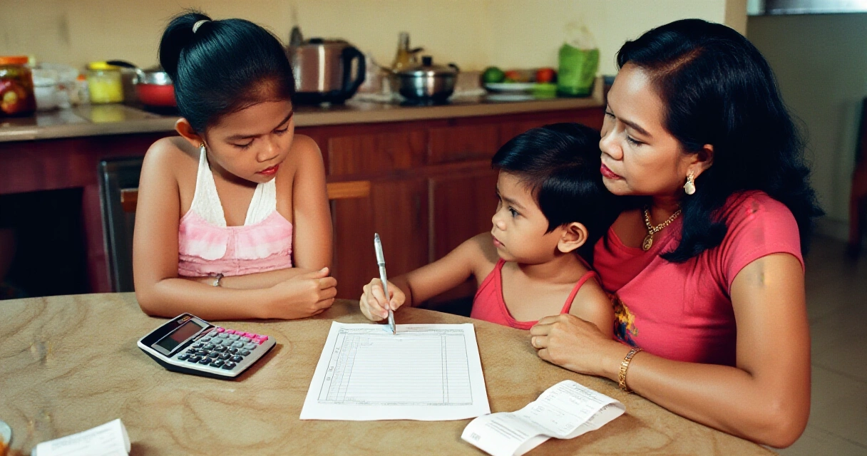 Pamilyang Pilipino na nagrerebyu ng badyet sa mesa ng kusina