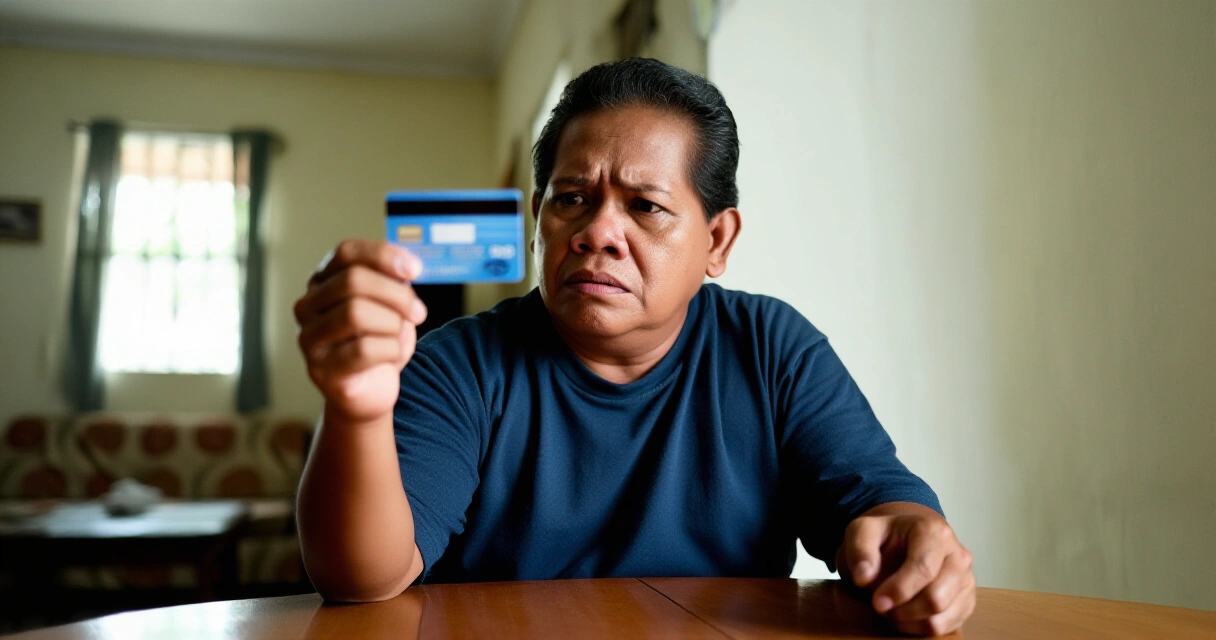 Isang Pilipino na may hawak na card at may pag-aalala sa mukha