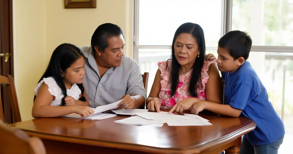 Pamilyang Pilipino na pinag-aaralan ang mga dokumento ng insurance plano sa bahay
