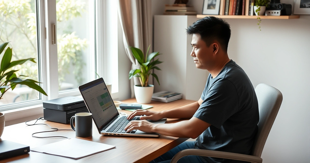 Pinoy freelancer na nagtatrabaho sa laptop sa bahay habang gumagamit ng online platform