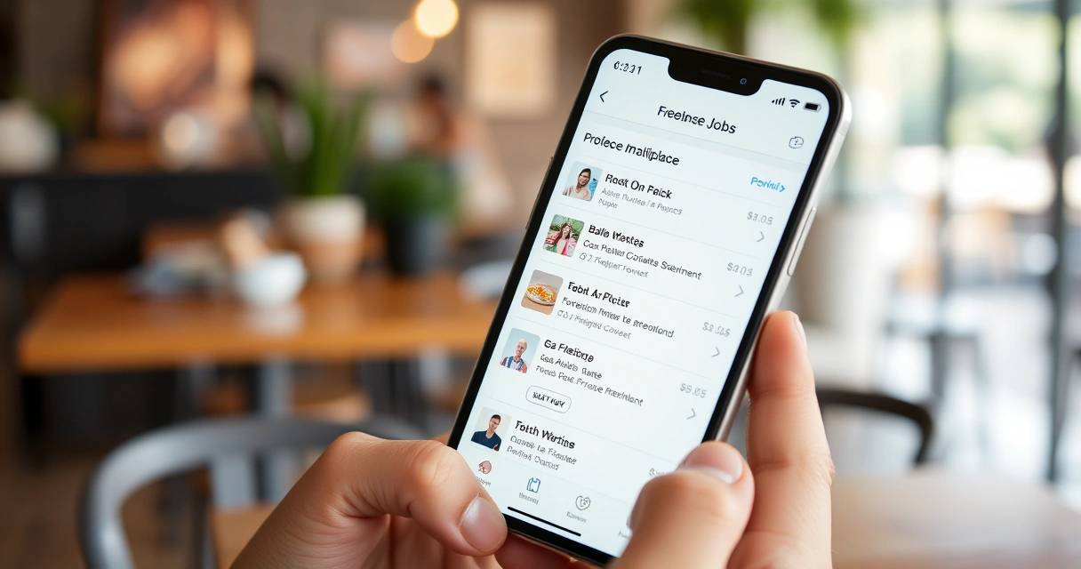Smartphone na nagpapakita ng freelance job marketplace app habang nasa cafe