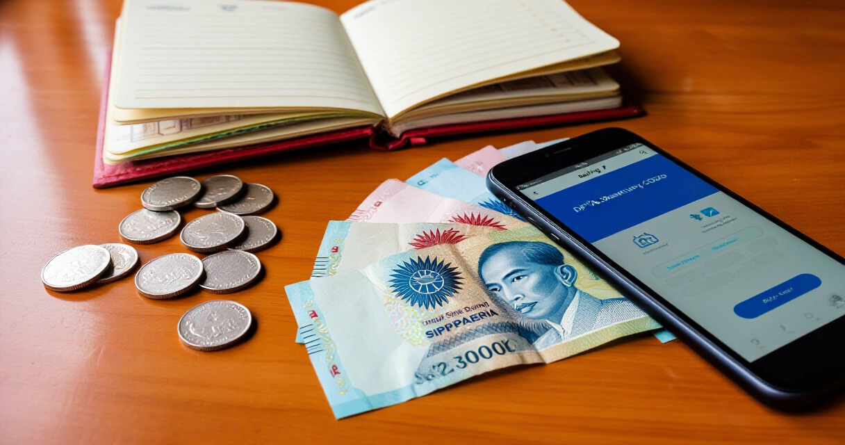 Piso ng Pilipinas, savings passbook, at digital banking app para sa pag-iimpok