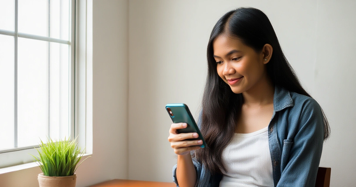 Pilipina gumagamit ng mobile banking app sa tahanan