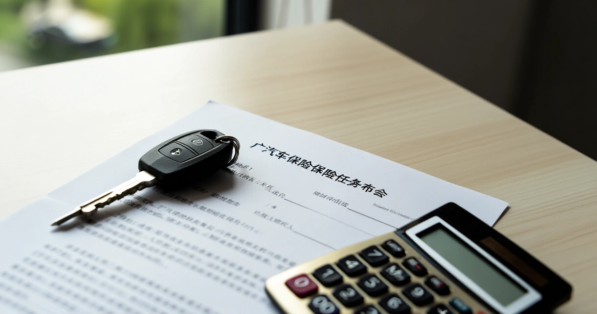 Polisa ng car insurance, susi ng sasakyan, at calculator sa ibabaw ng mesa