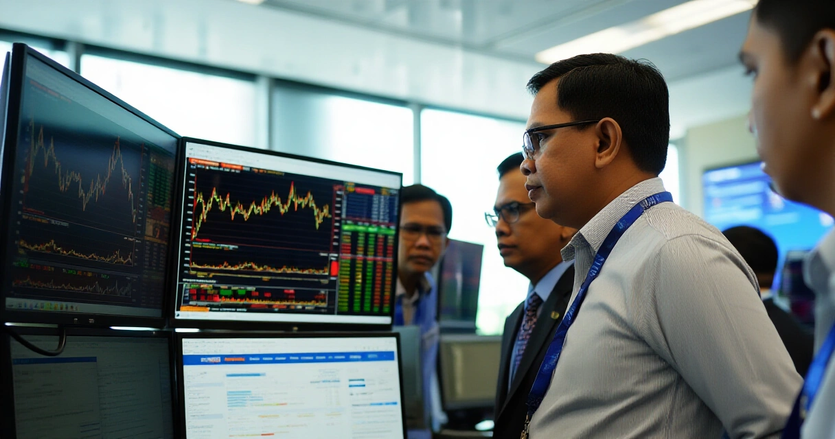 Mga propesyonal na Pilipino sa stock exchange na nagmamasid sa mga finansyal na screen