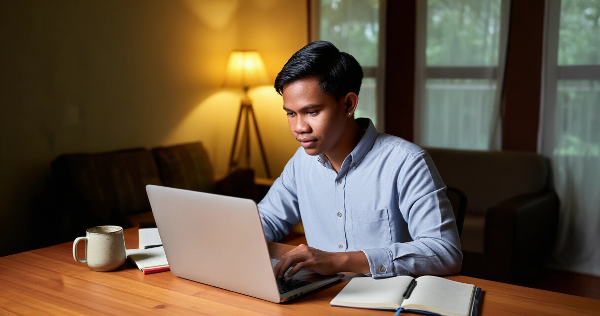 Isang empleyadong Pilipino na nagtatrabaho sa laptop sa bahay sa gabi bilang side hustle