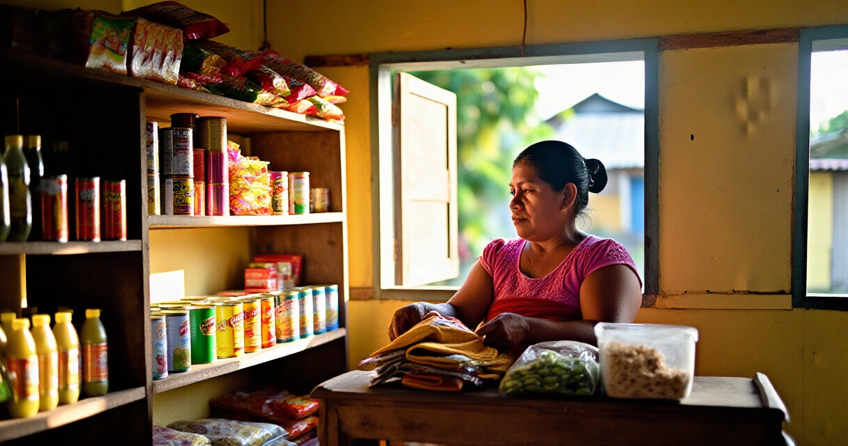 Isang Pilipinang maybahay sa harap ng kanyang sari-sari store sa probinsya