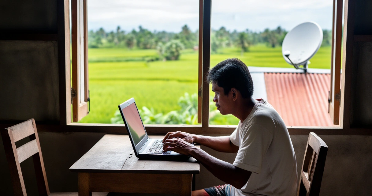 Pilipinong nagtatrabaho sa bahay sa probinsya gamit ang satellite internet para sa WFH