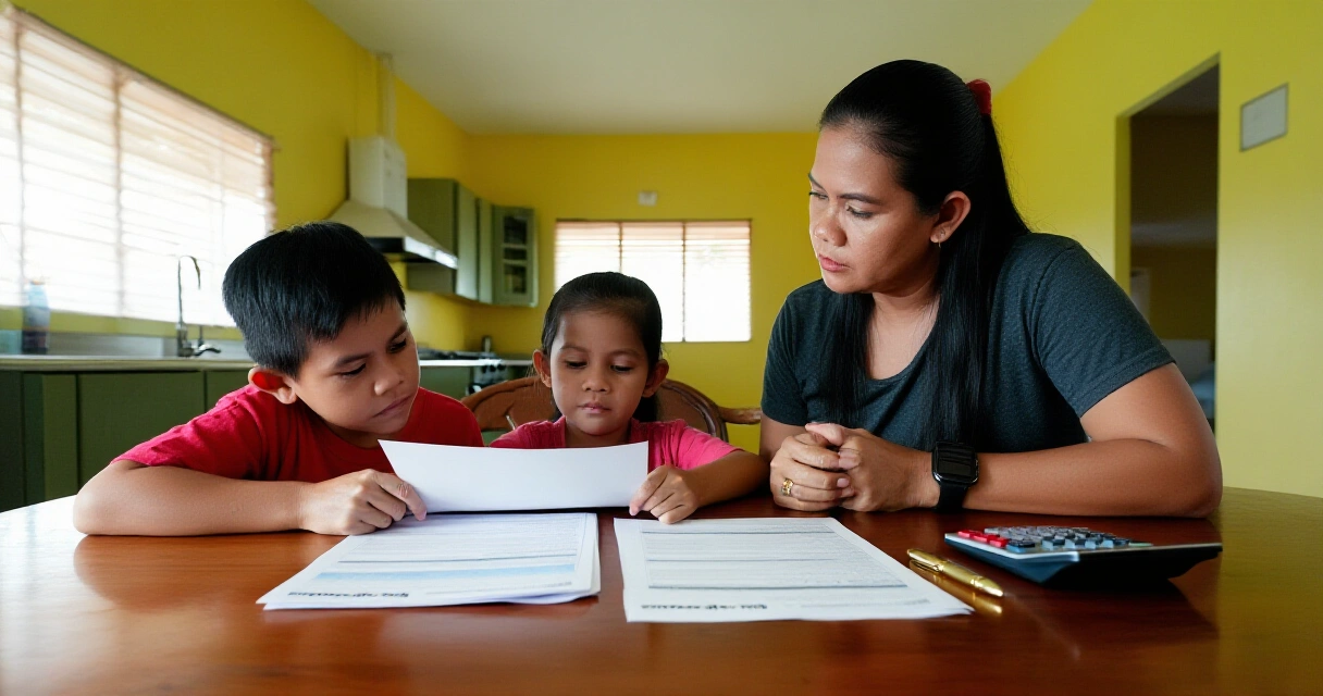 Pamilyang Pilipino na nagbubudget ng premium ng insurance gamit ang calculator sa hapag