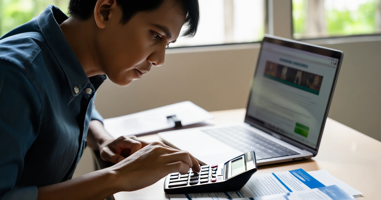 Pinoy na naghahambing ng mga insurance plan gamit ang calculator at laptop