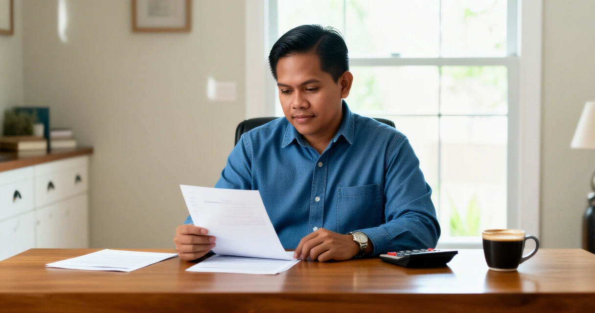 Lalaking Pilipino na nagkukumpara ng mga dokumento ng pautang sa mesa sa bahay