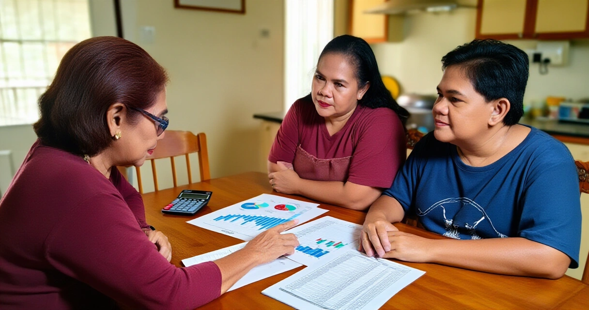Pamilyang Pilipino na nagpaplano ng badyet at ipon sa mesa