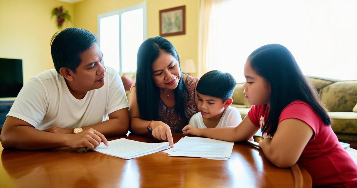 Pamilyang Pilipino na sumusuri ng insurance plano sa kanilang tahanan