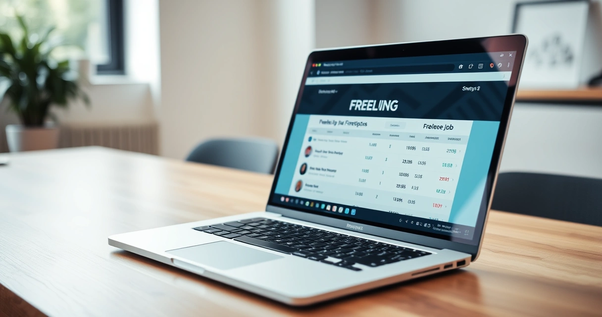 Screen ng laptop na nagpapakita ng dashboard ng freelance platform na may listahan ng trabaho