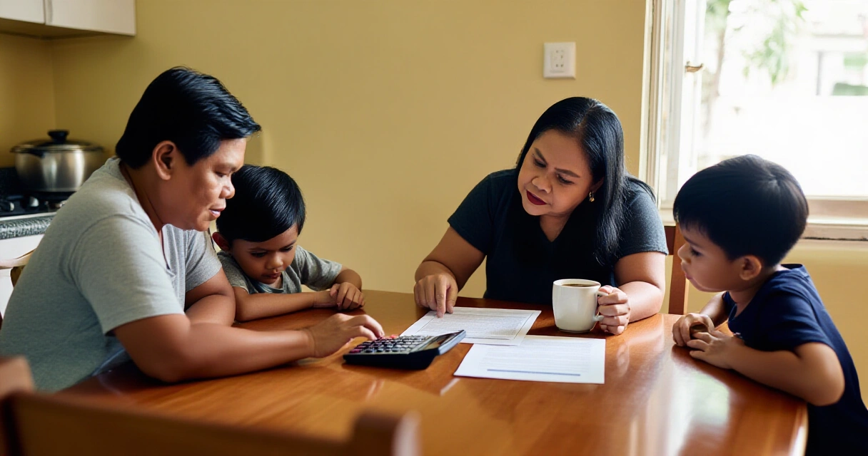 Pamilyang Pilipino na nagrerepaso ng dokumento ng insurance sa hapag-kainan
