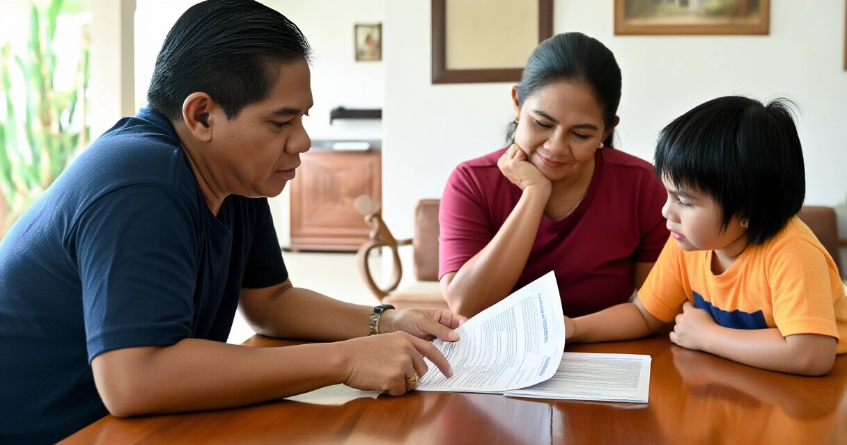 Pamilyang Pilipino na pinag-aaralan ang mga papeles ng insurance plano sa bahay