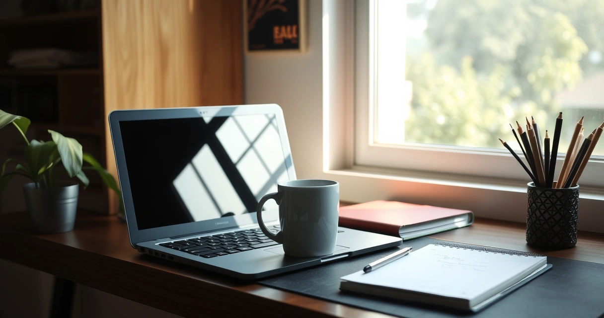 Home office setup ng isang Pinoy freelancer na may laptop at kape sa tabi ng bintana