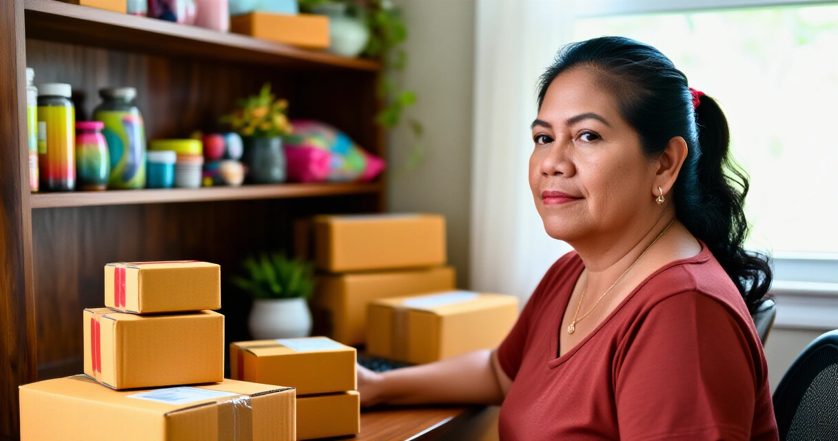 Isang Pilipinang nagre-pack ng mga produkto para sa online selling sa bahay