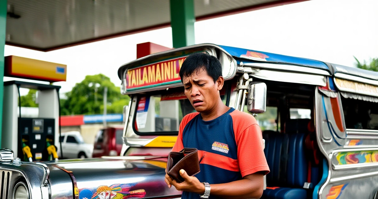 Drayber ng jeepney na tumitingin sa kanyang pitaka malapit sa gasoline station