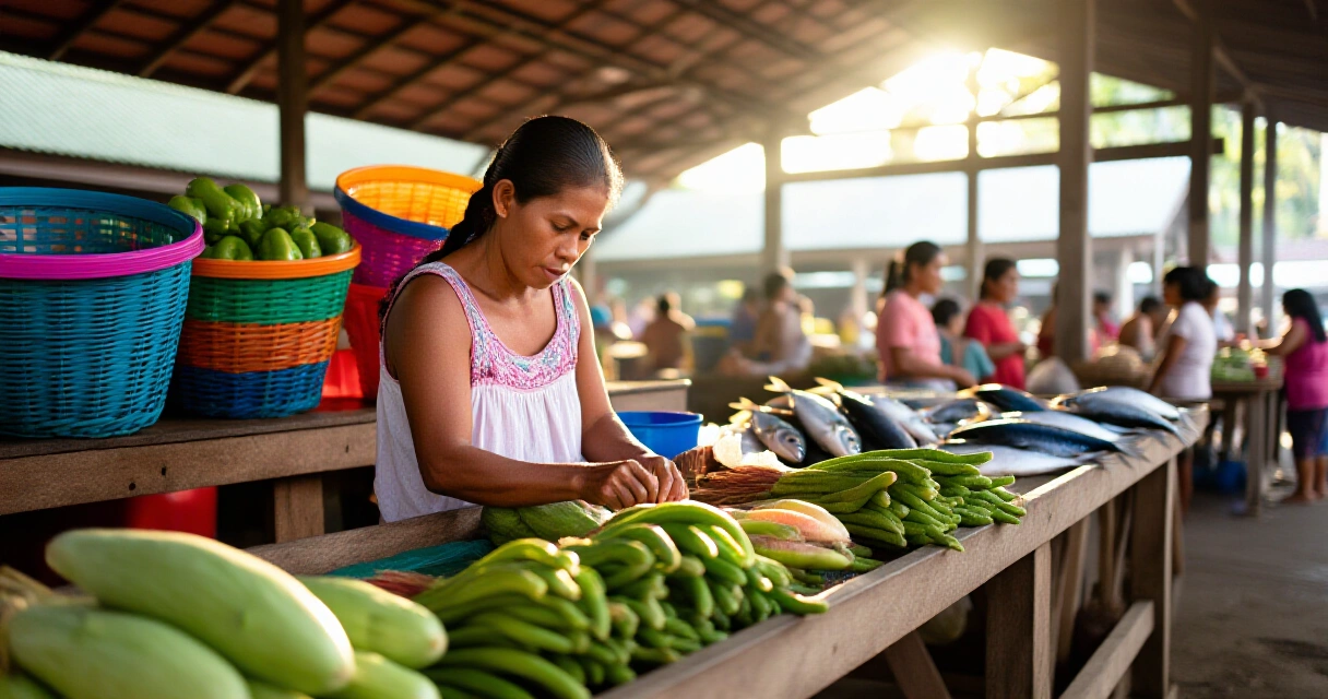 Nanay na namimili sa palengke at tinitingnan ang mga gulay para makatipid