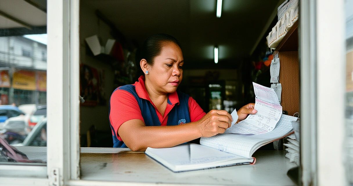 May-ari ng sari-sari store na sinusuri ang listahan ng benta at mga resibo sa kanyang tindahan