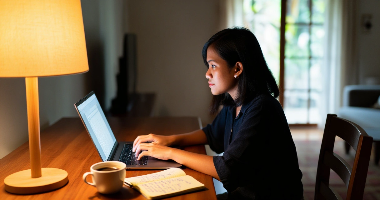 Empleyadong Pilipina nagtatrabaho ng side hustle sa bahay sa gabi gamit ang laptop