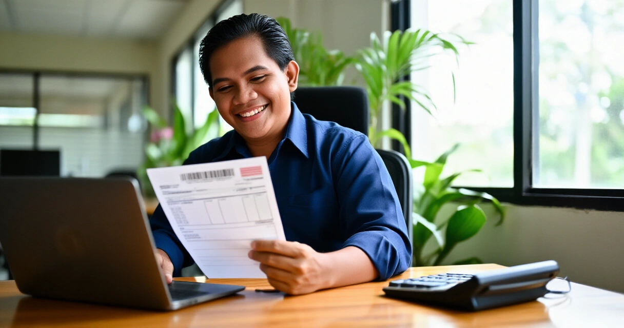 Empleyadong Pilipino na masayang sinusuri ang kanyang payslip sa opisina
