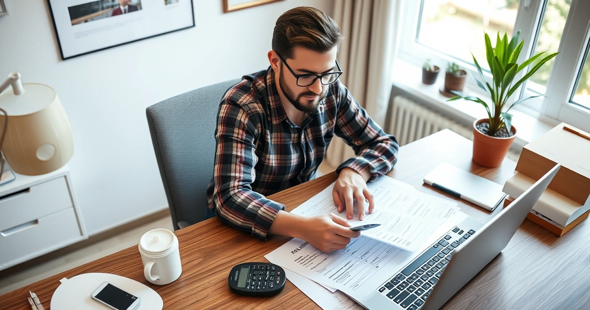 Freelancer na nag-aayos ng mga papeles ng buwis sa kanyang home office
