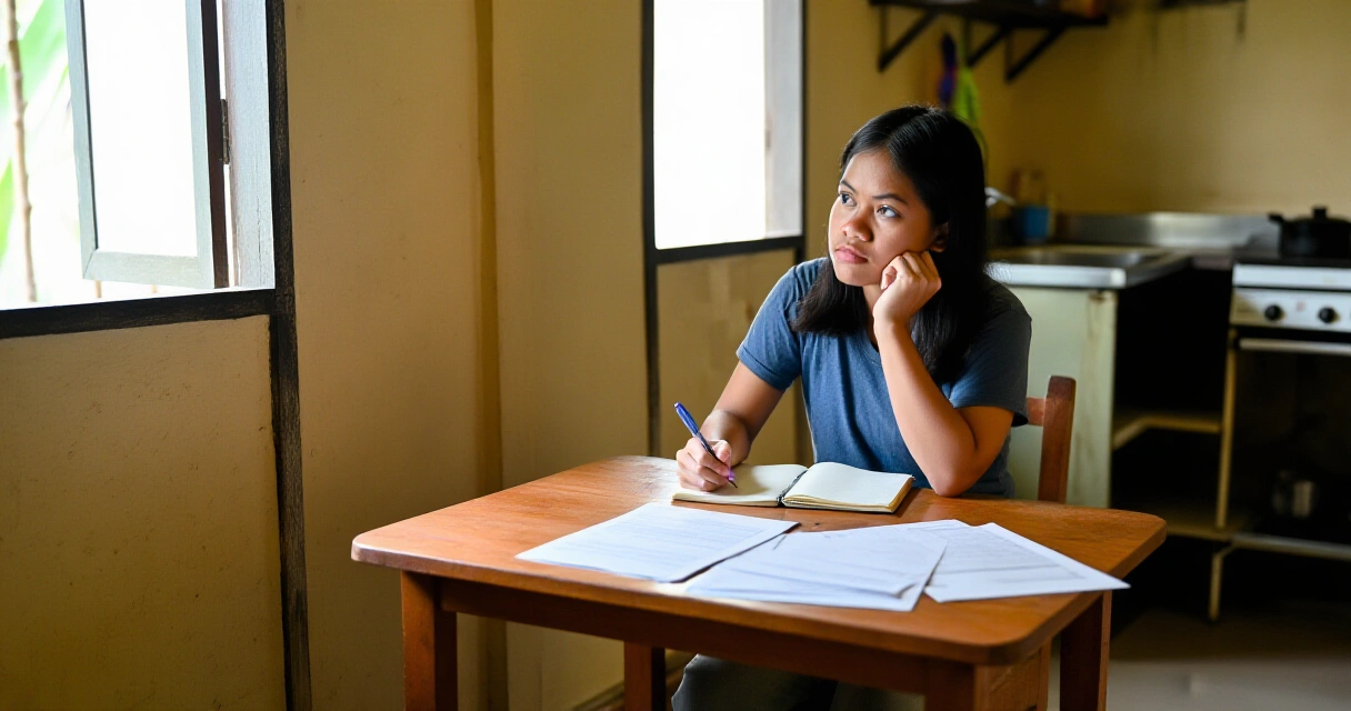 Isang Pilipinang babae na nag-iisip at nagpaplano ng kanyang diskarte sa buhay