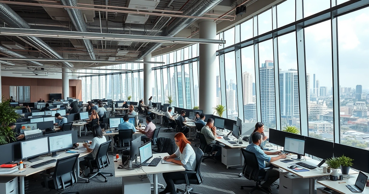 Makabagong opisina sa Manila na may mga empleyadong nagtatrabaho sa kani-kanilang desk