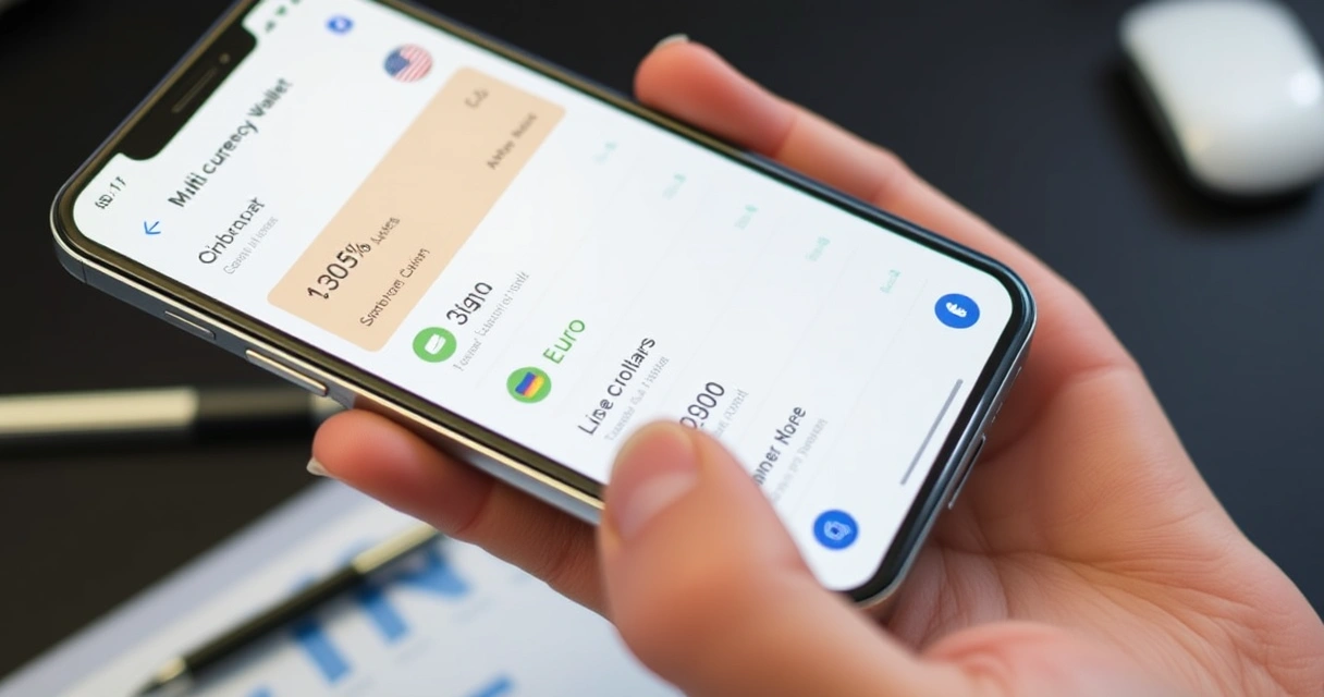 Smartphone na nagpapakita ng multi-currency wallet na may dolyar at euro