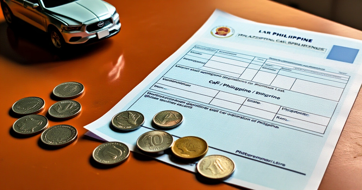 Dokumento ng rehistro ng sasakyan at piso na nagpapakita ng gastos sa CTPL car insurance